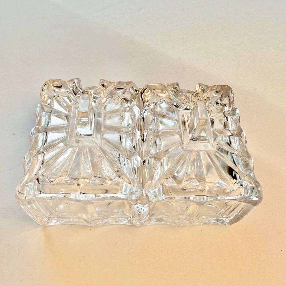 Mid Century Cut Crystal Vanity Double Salt Cellar with Spoon Slots 4.5in